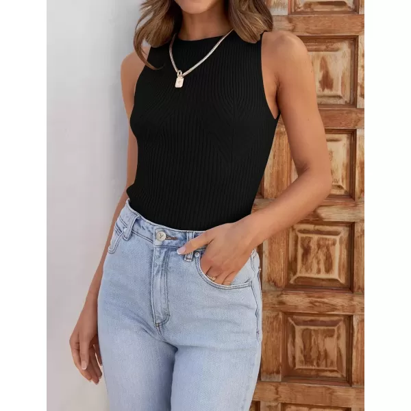 imageZESICA Womens Ribbed Tank Tops 2024 Summer Sleeveless High Neck Casual Slim Fitted Basic Knit ShirtsBlack