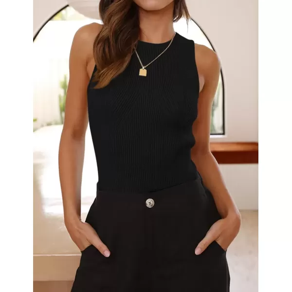 imageZESICA Womens Ribbed Tank Tops 2024 Summer Sleeveless High Neck Casual Slim Fitted Basic Knit ShirtsBlack