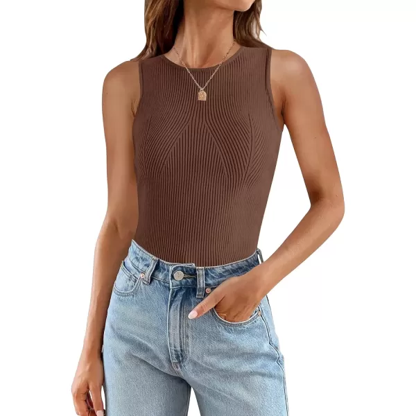 imageZESICA Womens Ribbed Tank Tops 2024 Summer Sleeveless High Neck Casual Slim Fitted Basic Knit ShirtsBrown