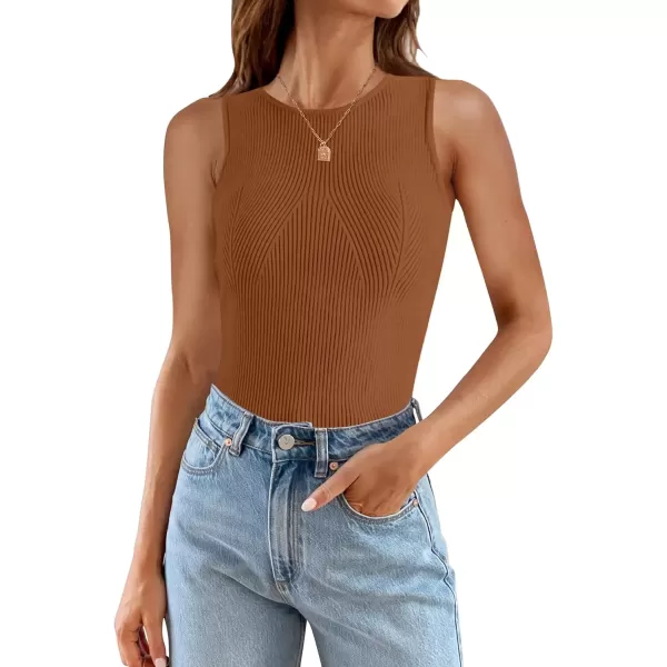imageZESICA Womens Ribbed Tank Tops 2024 Summer Sleeveless High Neck Casual Slim Fitted Basic Knit ShirtsDarkbrown
