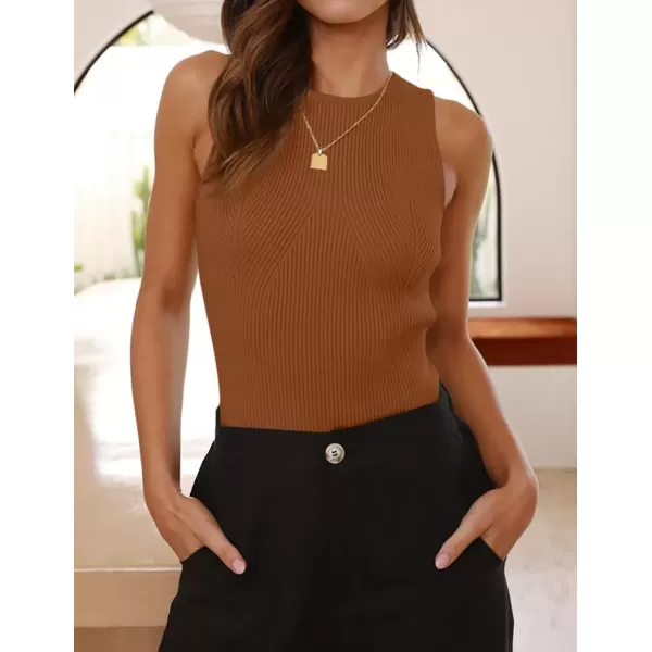 imageZESICA Womens Ribbed Tank Tops 2024 Summer Sleeveless High Neck Casual Slim Fitted Basic Knit ShirtsDarkbrown