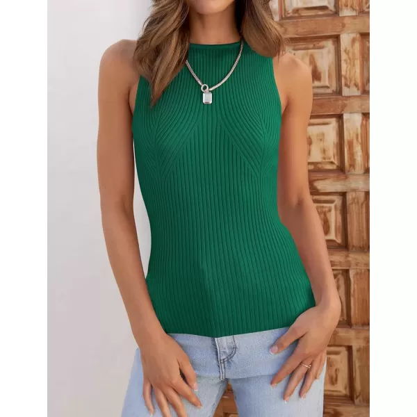 imageZESICA Womens Ribbed Tank Tops 2024 Summer Sleeveless High Neck Casual Slim Fitted Basic Knit ShirtsGreen