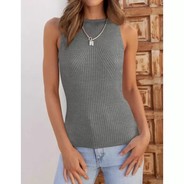 imageZESICA Womens Ribbed Tank Tops 2024 Summer Sleeveless High Neck Casual Slim Fitted Basic Knit ShirtsGrey