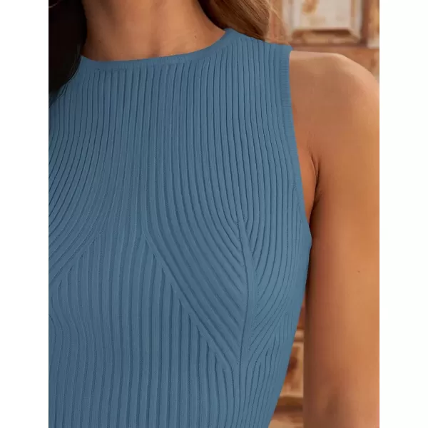 imageZESICA Womens Ribbed Tank Tops 2024 Summer Sleeveless High Neck Casual Slim Fitted Basic Knit ShirtsGreyblue