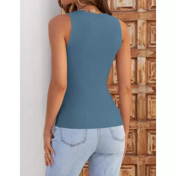 imageZESICA Womens Ribbed Tank Tops 2024 Summer Sleeveless High Neck Casual Slim Fitted Basic Knit ShirtsGreyblue