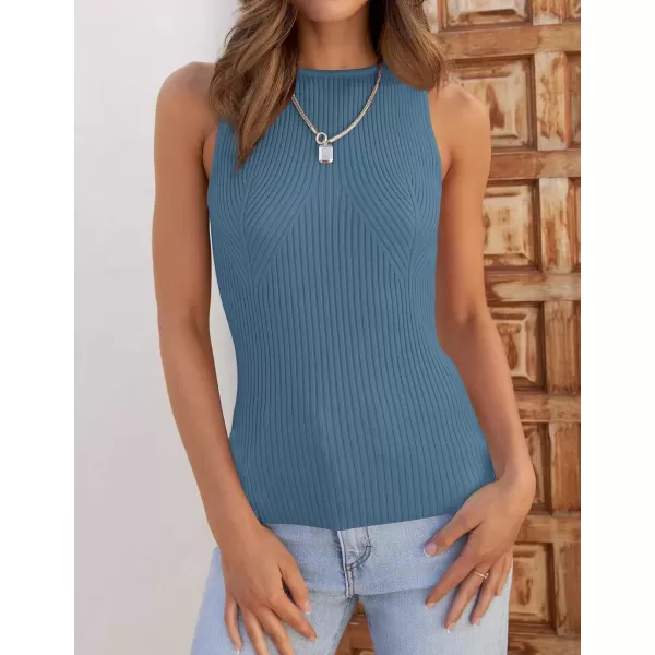 imageZESICA Womens Ribbed Tank Tops 2024 Summer Sleeveless High Neck Casual Slim Fitted Basic Knit ShirtsGreyblue