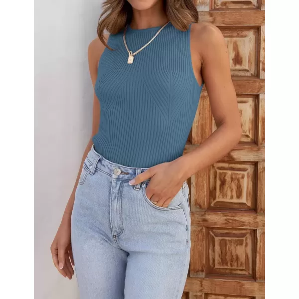 imageZESICA Womens Ribbed Tank Tops 2024 Summer Sleeveless High Neck Casual Slim Fitted Basic Knit ShirtsGreyblue