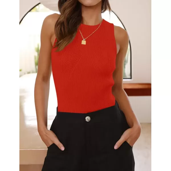 imageZESICA Womens Ribbed Tank Tops 2024 Summer Sleeveless High Neck Casual Slim Fitted Basic Knit ShirtsOrangered