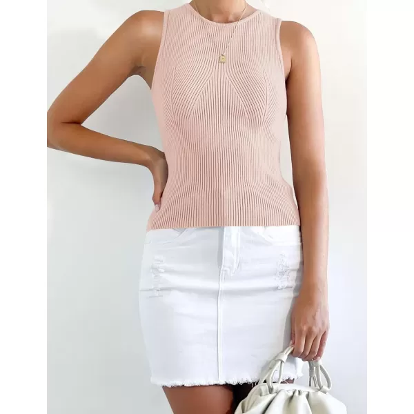 imageZESICA Womens Ribbed Tank Tops 2024 Summer Sleeveless High Neck Casual Slim Fitted Basic Knit ShirtsPink