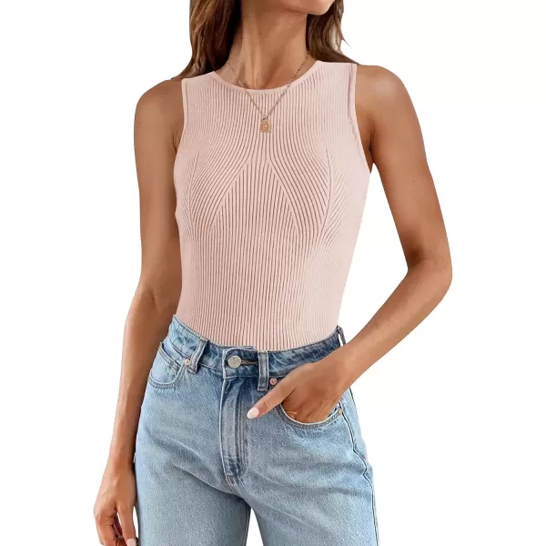 imageZESICA Womens Ribbed Tank Tops 2024 Summer Sleeveless High Neck Casual Slim Fitted Basic Knit ShirtsPink