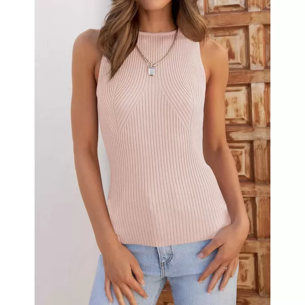 imageZESICA Womens Ribbed Tank Tops 2024 Summer Sleeveless High Neck Casual Slim Fitted Basic Knit ShirtsPink