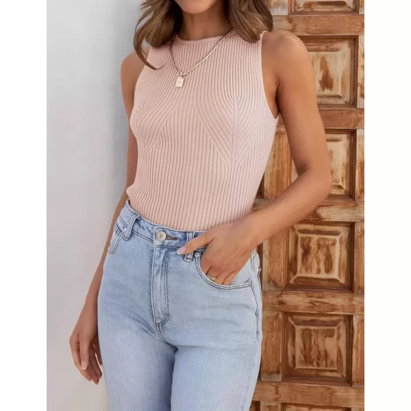 imageZESICA Womens Ribbed Tank Tops 2024 Summer Sleeveless High Neck Casual Slim Fitted Basic Knit ShirtsPink