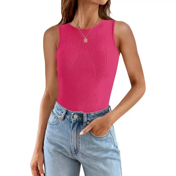 imageZESICA Womens Ribbed Tank Tops 2024 Summer Sleeveless High Neck Casual Slim Fitted Basic Knit ShirtsRose
