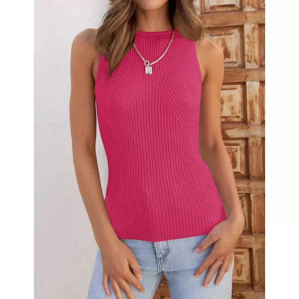 imageZESICA Womens Ribbed Tank Tops 2024 Summer Sleeveless High Neck Casual Slim Fitted Basic Knit ShirtsRose