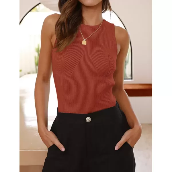 imageZESICA Womens Ribbed Tank Tops 2024 Summer Sleeveless High Neck Casual Slim Fitted Basic Knit ShirtsRust