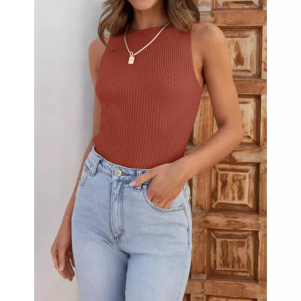 imageZESICA Womens Ribbed Tank Tops 2024 Summer Sleeveless High Neck Casual Slim Fitted Basic Knit ShirtsRust