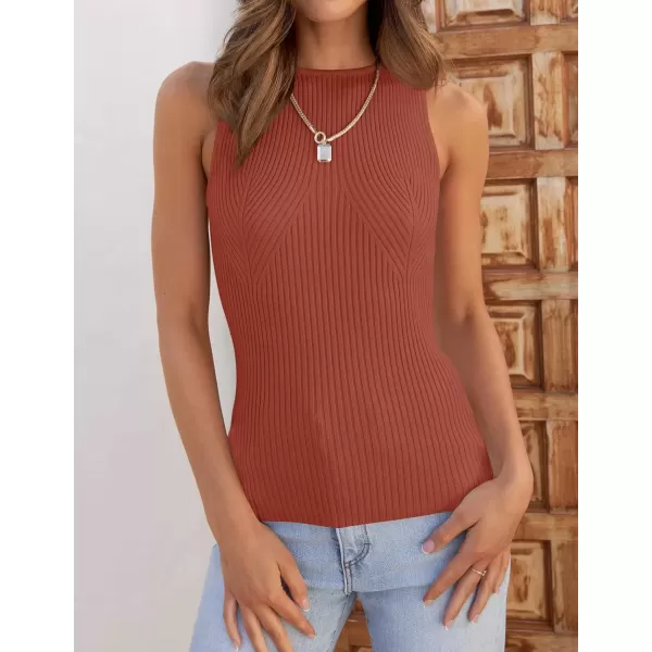 imageZESICA Womens Ribbed Tank Tops 2024 Summer Sleeveless High Neck Casual Slim Fitted Basic Knit ShirtsRust
