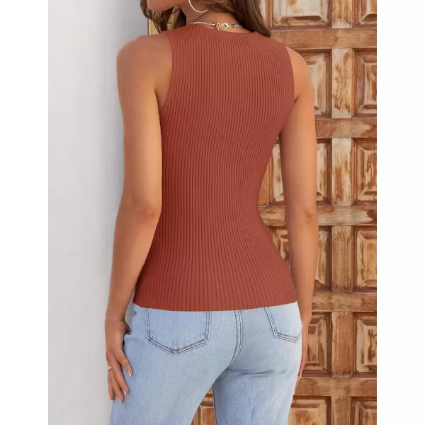 imageZESICA Womens Ribbed Tank Tops 2024 Summer Sleeveless High Neck Casual Slim Fitted Basic Knit ShirtsRust