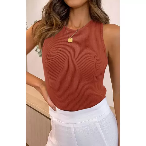 imageZESICA Womens Ribbed Tank Tops 2024 Summer Sleeveless High Neck Casual Slim Fitted Basic Knit ShirtsRust
