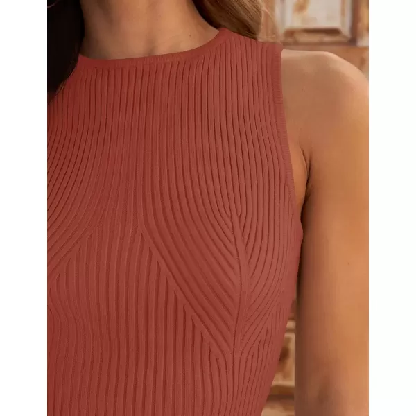 imageZESICA Womens Ribbed Tank Tops 2024 Summer Sleeveless High Neck Casual Slim Fitted Basic Knit ShirtsRust