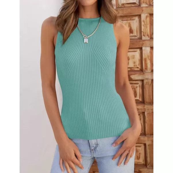 imageZESICA Womens Ribbed Tank Tops 2024 Summer Sleeveless High Neck Casual Slim Fitted Basic Knit ShirtsSage
