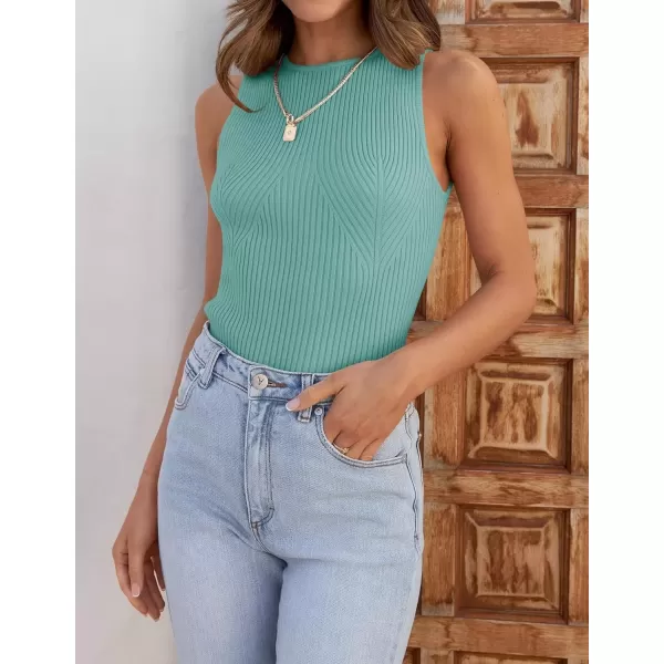 imageZESICA Womens Ribbed Tank Tops 2024 Summer Sleeveless High Neck Casual Slim Fitted Basic Knit ShirtsSage