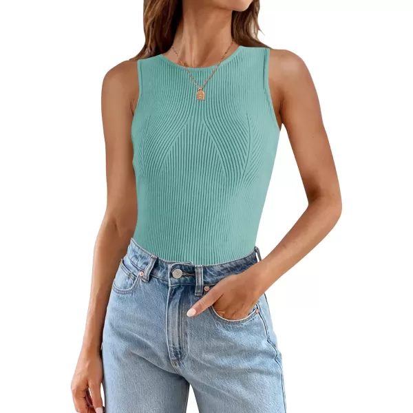 imageZESICA Womens Ribbed Tank Tops 2024 Summer Sleeveless High Neck Casual Slim Fitted Basic Knit ShirtsSage