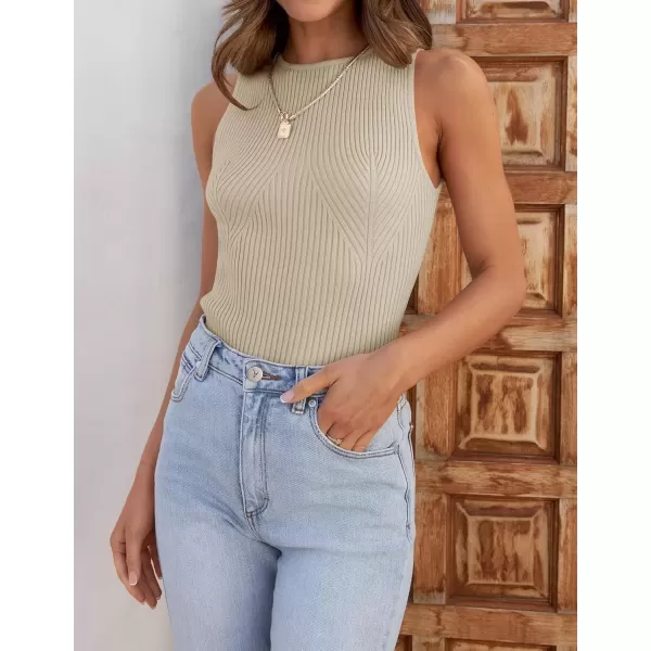 imageZESICA Womens Ribbed Tank Tops 2024 Summer Sleeveless High Neck Casual Slim Fitted Basic Knit ShirtsSand