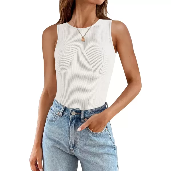 imageZESICA Womens Ribbed Tank Tops 2024 Summer Sleeveless High Neck Casual Slim Fitted Basic Knit ShirtsWhite