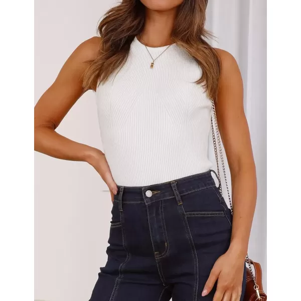 imageZESICA Womens Ribbed Tank Tops 2024 Summer Sleeveless High Neck Casual Slim Fitted Basic Knit ShirtsWhite