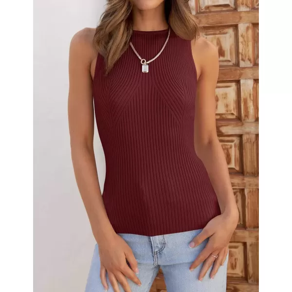 imageZESICA Womens Ribbed Tank Tops 2024 Summer Sleeveless High Neck Casual Slim Fitted Basic Knit ShirtsWine
