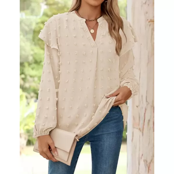 imageZESICA Womens Ruffle Long Sleeve Chiffon Blouses V Neck Swiss Dot Fall Shirts Dressy Casual Tunic TopsApricot