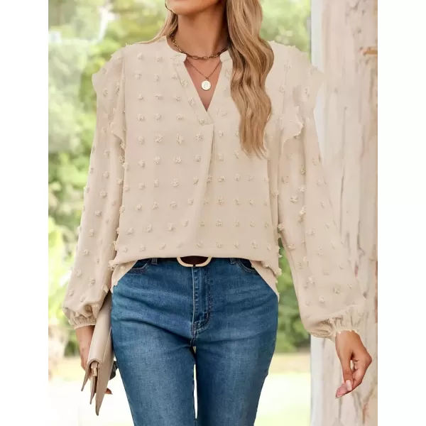 imageZESICA Womens Ruffle Long Sleeve Chiffon Blouses V Neck Swiss Dot Fall Shirts Dressy Casual Tunic TopsApricot