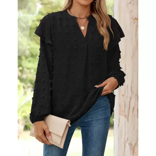 imageZESICA Womens Ruffle Long Sleeve Chiffon Blouses V Neck Swiss Dot Fall Shirts Dressy Casual Tunic TopsBlack