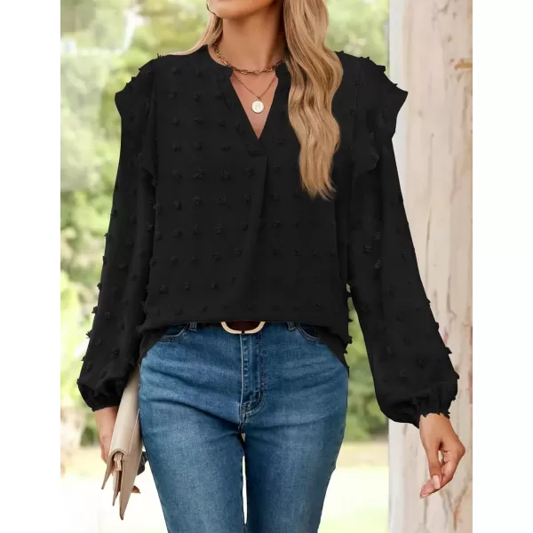 imageZESICA Womens Ruffle Long Sleeve Chiffon Blouses V Neck Swiss Dot Fall Shirts Dressy Casual Tunic TopsBlack