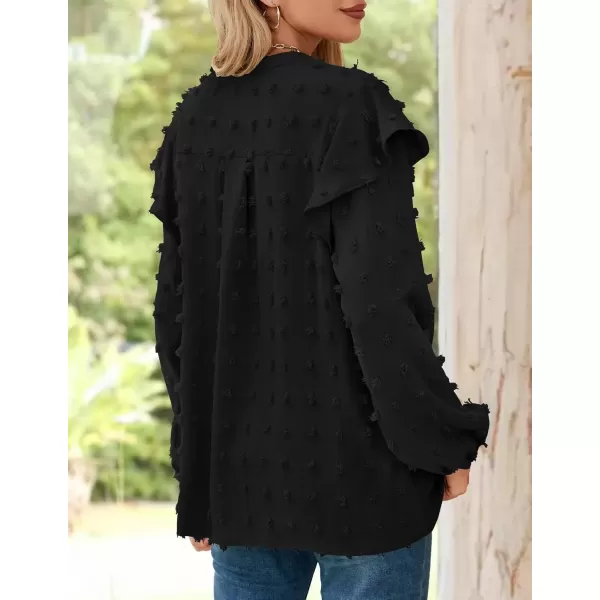 imageZESICA Womens Ruffle Long Sleeve Chiffon Blouses V Neck Swiss Dot Fall Shirts Dressy Casual Tunic TopsBlack