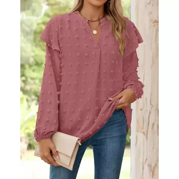 imageZESICA Womens Ruffle Long Sleeve Chiffon Blouses V Neck Swiss Dot Fall Shirts Dressy Casual Tunic TopsCameo