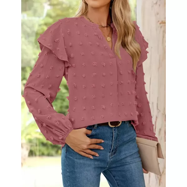 imageZESICA Womens Ruffle Long Sleeve Chiffon Blouses V Neck Swiss Dot Fall Shirts Dressy Casual Tunic TopsCameo
