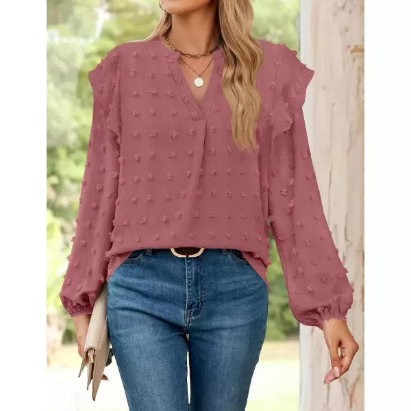 imageZESICA Womens Ruffle Long Sleeve Chiffon Blouses V Neck Swiss Dot Fall Shirts Dressy Casual Tunic TopsCameo