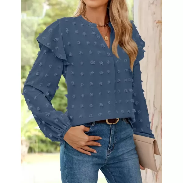 imageZESICA Womens Ruffle Long Sleeve Chiffon Blouses V Neck Swiss Dot Fall Shirts Dressy Casual Tunic TopsDark Blue