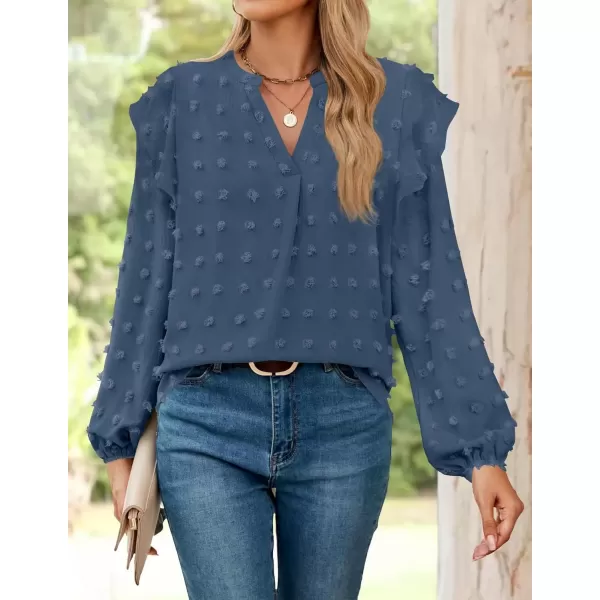 imageZESICA Womens Ruffle Long Sleeve Chiffon Blouses V Neck Swiss Dot Fall Shirts Dressy Casual Tunic TopsDark Blue