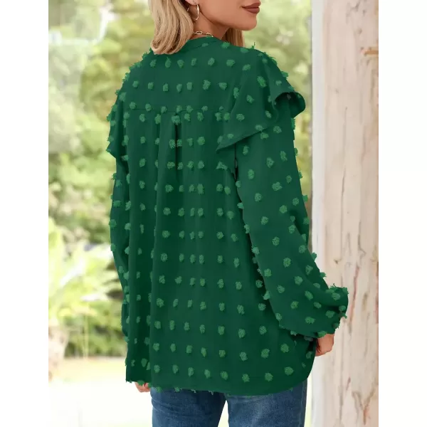 imageZESICA Womens Ruffle Long Sleeve Chiffon Blouses V Neck Swiss Dot Fall Shirts Dressy Casual Tunic TopsDarkgreen