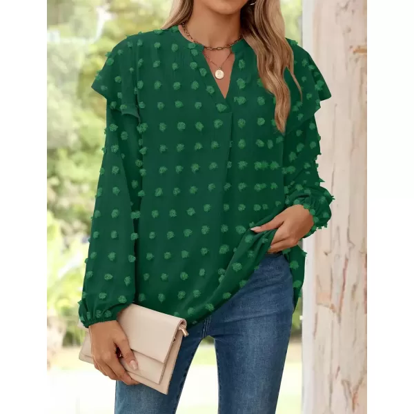 imageZESICA Womens Ruffle Long Sleeve Chiffon Blouses V Neck Swiss Dot Fall Shirts Dressy Casual Tunic TopsDarkgreen
