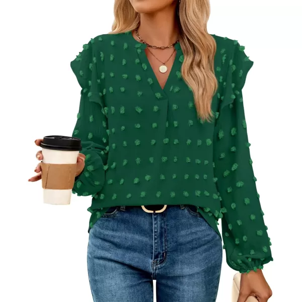 imageZESICA Womens Ruffle Long Sleeve Chiffon Blouses V Neck Swiss Dot Fall Shirts Dressy Casual Tunic TopsDarkgreen