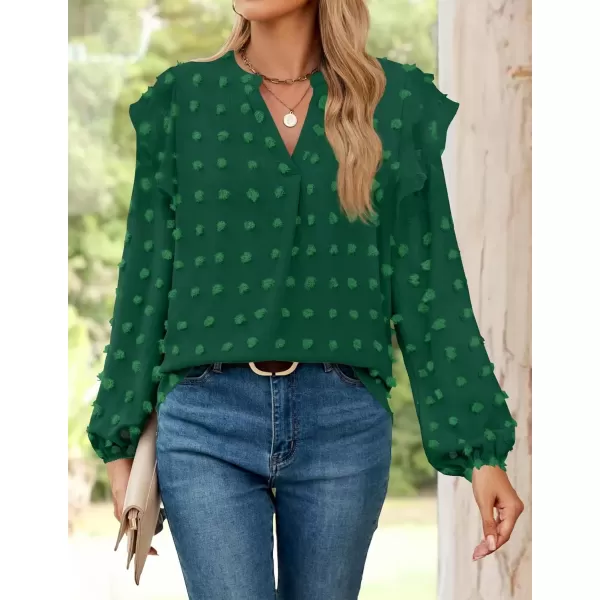 imageZESICA Womens Ruffle Long Sleeve Chiffon Blouses V Neck Swiss Dot Fall Shirts Dressy Casual Tunic TopsDarkgreen