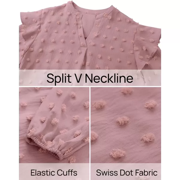 imageZESICA Womens Ruffle Long Sleeve Chiffon Blouses V Neck Swiss Dot Fall Shirts Dressy Casual Tunic TopsGreypink