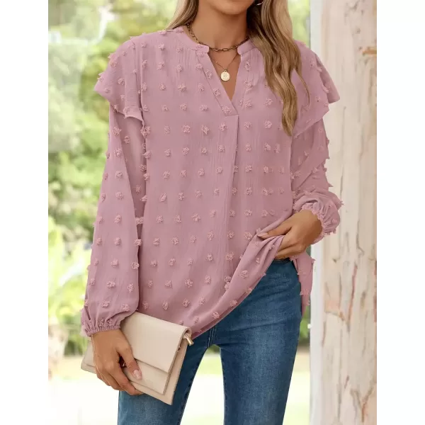 imageZESICA Womens Ruffle Long Sleeve Chiffon Blouses V Neck Swiss Dot Fall Shirts Dressy Casual Tunic TopsGreypink