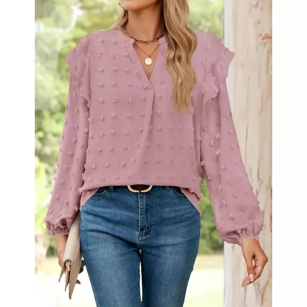 imageZESICA Womens Ruffle Long Sleeve Chiffon Blouses V Neck Swiss Dot Fall Shirts Dressy Casual Tunic TopsGreypink