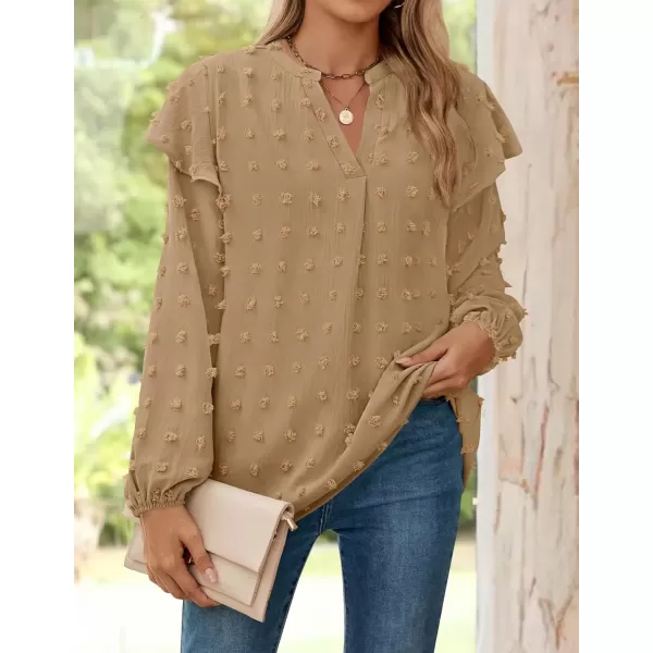 imageZESICA Womens Ruffle Long Sleeve Chiffon Blouses V Neck Swiss Dot Fall Shirts Dressy Casual Tunic TopsKhaki