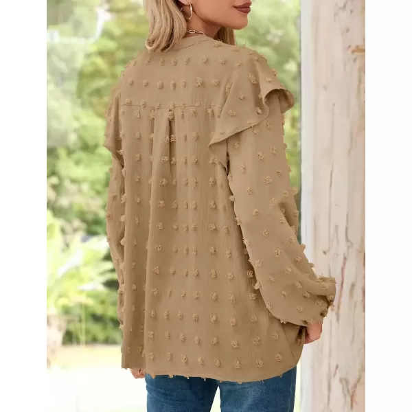 imageZESICA Womens Ruffle Long Sleeve Chiffon Blouses V Neck Swiss Dot Fall Shirts Dressy Casual Tunic TopsKhaki